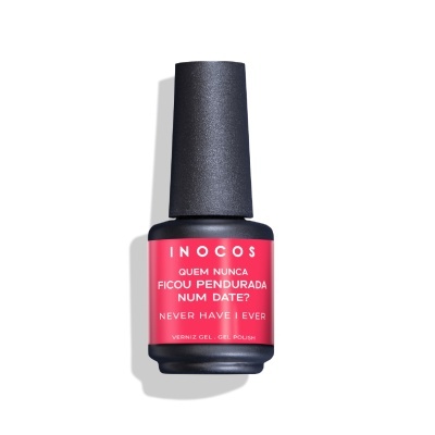 Frasco de verniz gel rosa INOCOS com texto em branco numa superfície branca