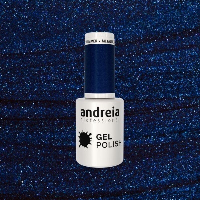 Frasco de verniz gel Andreia Professional com tampa azul metálica e fundo glitter azul