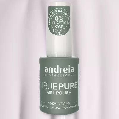 Frasco de verniz gel verde com tampa branca e texto ecológico.