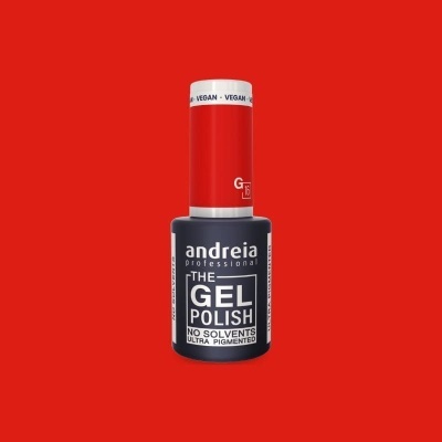 Frasco de verniz gel profissional Andreia com rótulo preto e tampa vermelha e branca