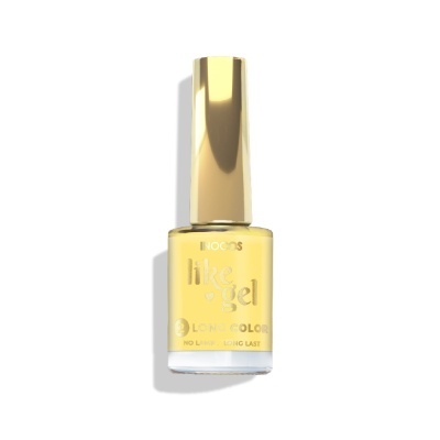 Verniz de unhas amarelo com tampa dourada sobre fundo branco