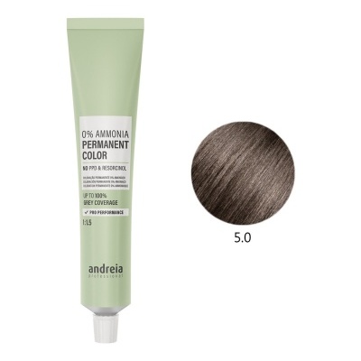 Tubo de tinta de cabelo verde claro permanent color Andreia e amostra de cor castanho escuro 5.0