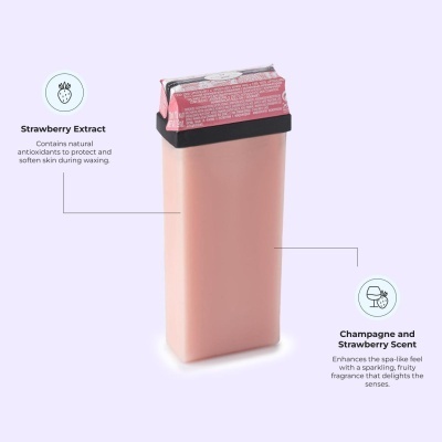 Produto de cera em rolo rosa com embalagem rosa e preta com texto