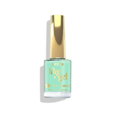 Frasco de verniz de unhas azul pastel com tampa dourada e texto dourado