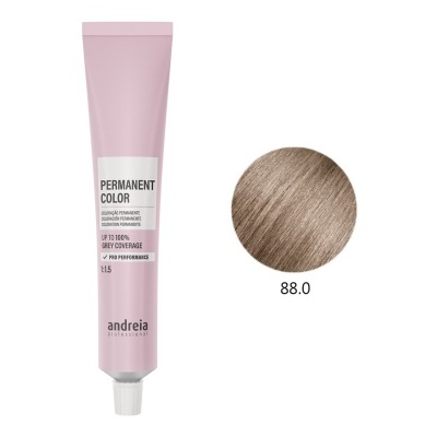 Tubo cor-de-rosa de tinta permanente de cabelo com amostra de cor castanha clara.