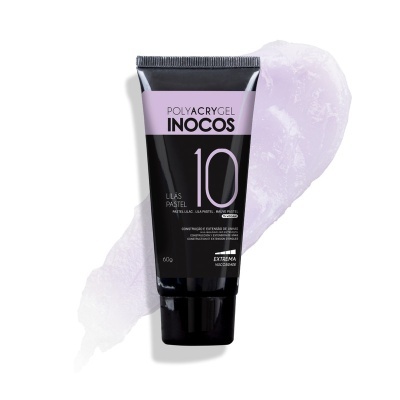 Tubo de gel para unhas preto e lilás com texto Polyacrygel Inocos 10 Lilás Pastel