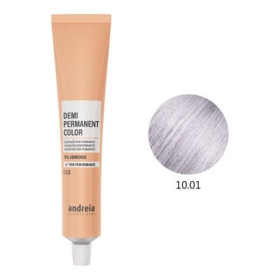 Tubo de tinta cabelo Demi Permanent Color e amostra cor cinzento prateado 10.01