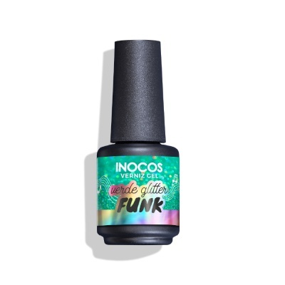 Frasco de verniz gel verde glitter Funk da INOCOS