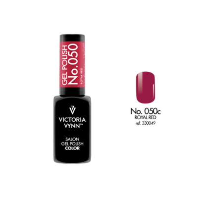 Frasco de esmalte em gel Victoria Vynn cor Royal Red com amostra da cor ao lado