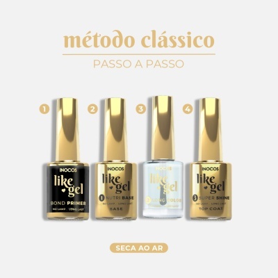quatro frascos de verniz de gel INOCOS método clássico passo a passo