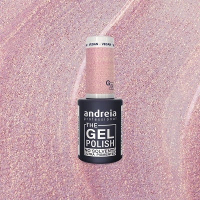 Frasco de verniz gel Andreia Professional na cor rosa brilhante sobre fundo rosa brilhante.