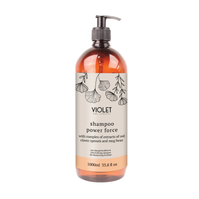 Frasco de shampoo power force da Violet com rótulo bege e desenho de folhas pretas