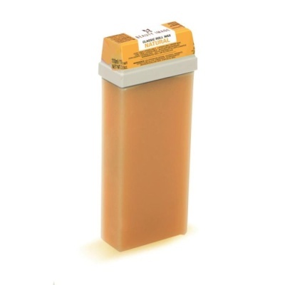 Rolo de cera natural para depilação com rótulo amarelo e tampa branca
