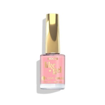 Frasco de verniz de unhas rosa com tampa dourada e texto na frente