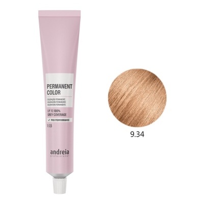 Tubo rosa de tinta para coloração permanente de cabelo com amostra de cor loiro claro 9.34