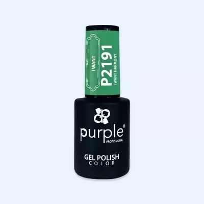 Frasco de verniz gel para unhas Purple Professional com tampa verde e texto branco.