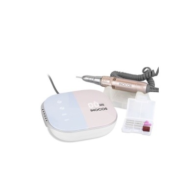 Conjunto máquina de manicure elétrica INOCOS com controlador digital, suporte e acessórios.