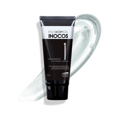 Gel transparente Polyacrygel Inocos em tubo preto e branco com 60g e amostra de gel em forma de coração