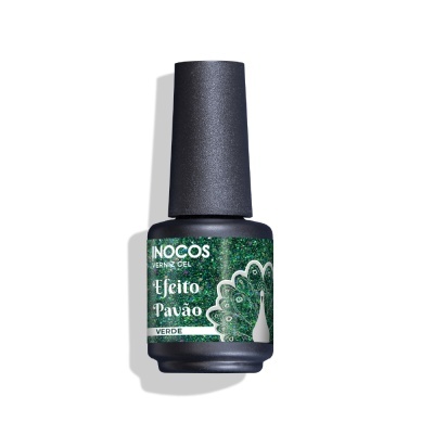 Frasco de verniz gel INOCOS cor verde com rótulo decorado e tampa preta
