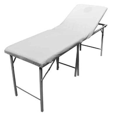 Cama de massagem dobrável com colchão branco e estrutura metálica cinza