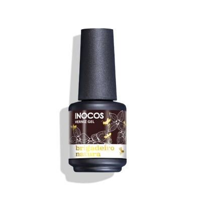 Frasco de verniz gel INOCOS castanho com rótulo floral