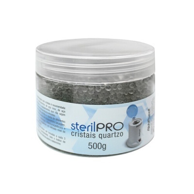 Frasco transparente com cristais de quartzo e etiqueta sterilPRO 500g