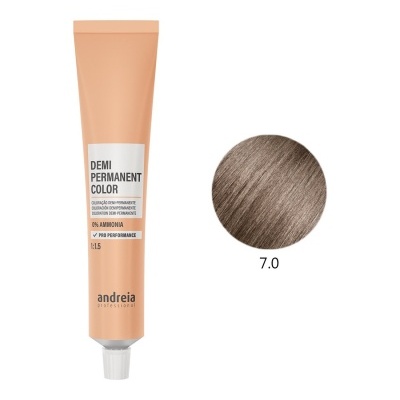 Tubo de tinta de cabelo semi-permanente castanho médio da Andreia e amostra de cor 7.0