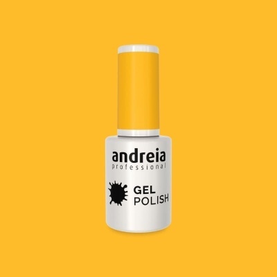 Frasco de verniz gel Andreia Professional branco e amarelo