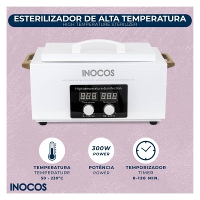 Esterilizador branco de alta temperatura com painel digital e texto em português.