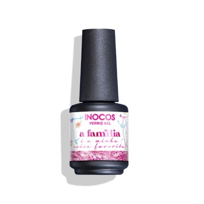 Frasco de verniz gel INOCOS com rótulo decorativo e texto em português.