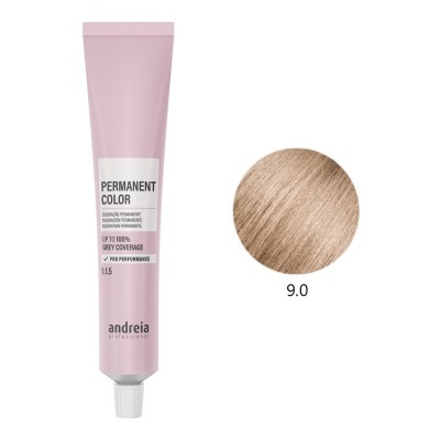 Tubo rosa de tinta cabelo permanente Andreia com amostra cor 9.0 castanho claro