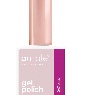 Frasco de verniz gel rosa com rótulo roxo purple gel polish 047 bass