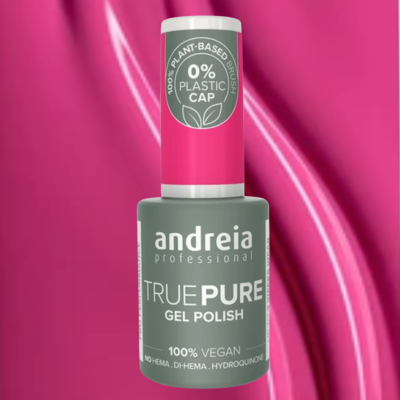 Frasco de verniz gel cinzento e rosa da marca andreia professional com texto sobre veganismo e materiais na tampa.