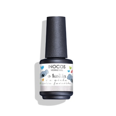 Frasco de verniz gel INOCOS com rótulo de coalas e corações coloridos