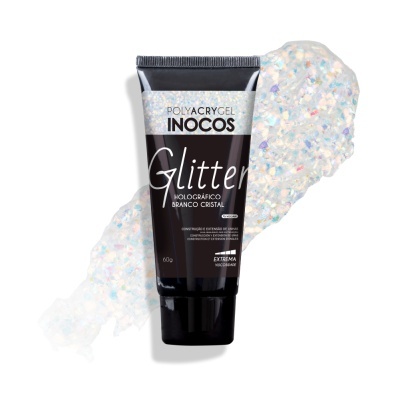 Tubo preto de gel para unhas com texto POLYACRYGEL INOCOS Glitter Holográfico Branco Cristal