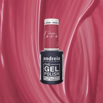 Frasco de verniz gel rosa da marca Andreia Professional com texto legível