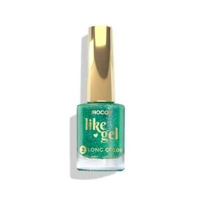 Esmalte de unhas verde com tampa dourada e texto em dourado