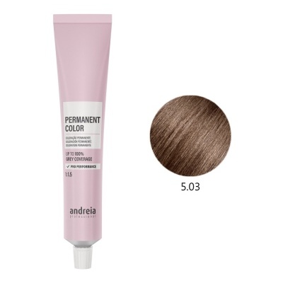 Tubo cor-de-rosa de tintura capilar permanente Andreia Professional e amostra de cor castanho claro 5.03