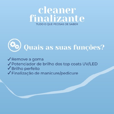Texto informativo sobre cleaner finalizante para manicure e pedicure em fundo azul claro