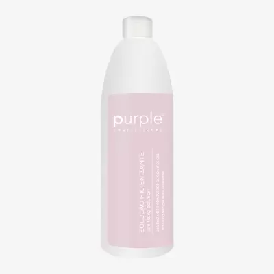 Frasco branco com rótulo rosa claro de solução higienizante purple
