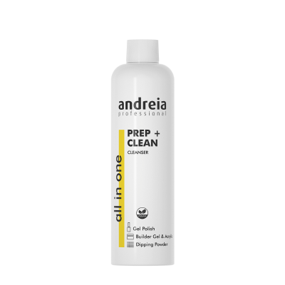 frasco branco de cleanser Prep + Clean da Andreia Professional com texto preto e amarelo