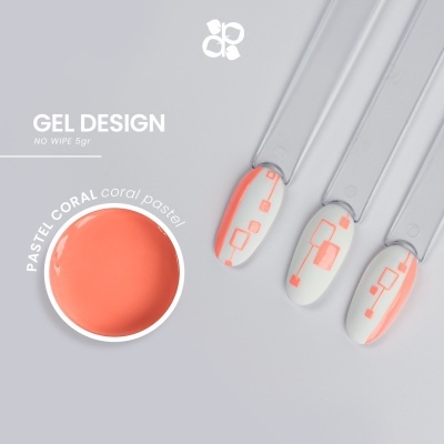 Gel para unhas coral pastel com amostras decoradas e texto GEL DESIGN NO WIPE 5gr