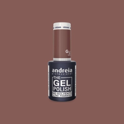 Esmalte de gel Andreia Professional com tampa marrom e texto branco em fundo preto.