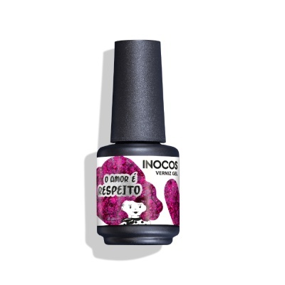 Frasco de verniz gel preto com rótulo branco e ilustração rosa