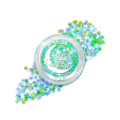 Pote de glitter em forma de estrelas verde, azul e dourado com rótulo INOCOS Glitter Fantasy