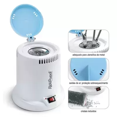 Esterilizador portátil branco com tampa azul clara e botões de controlo