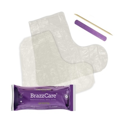 Kit profissional de cuidado de unhas BrazzCare com meias plásticas, lixa roxa e palito de madeira