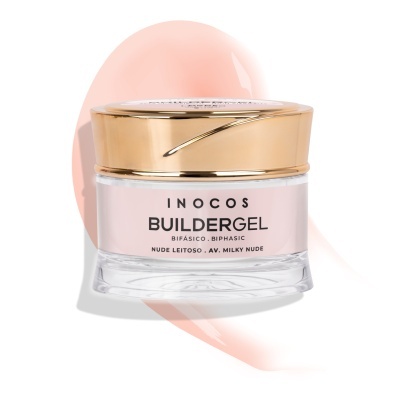 Frasco de gel para unhas INOCOS BUILDERGEL com tampa dourada e texto em rosa e preto