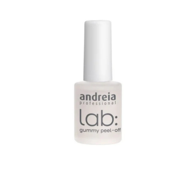 Frasco de verniz para unhas branco com texto andreia professional lab: gummy peel-off.