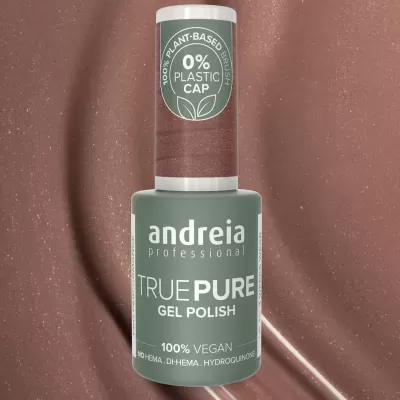 Frasco de verniz em gel para unhas com rótulo em verde e branco sobre fundo castanho brilhante.
